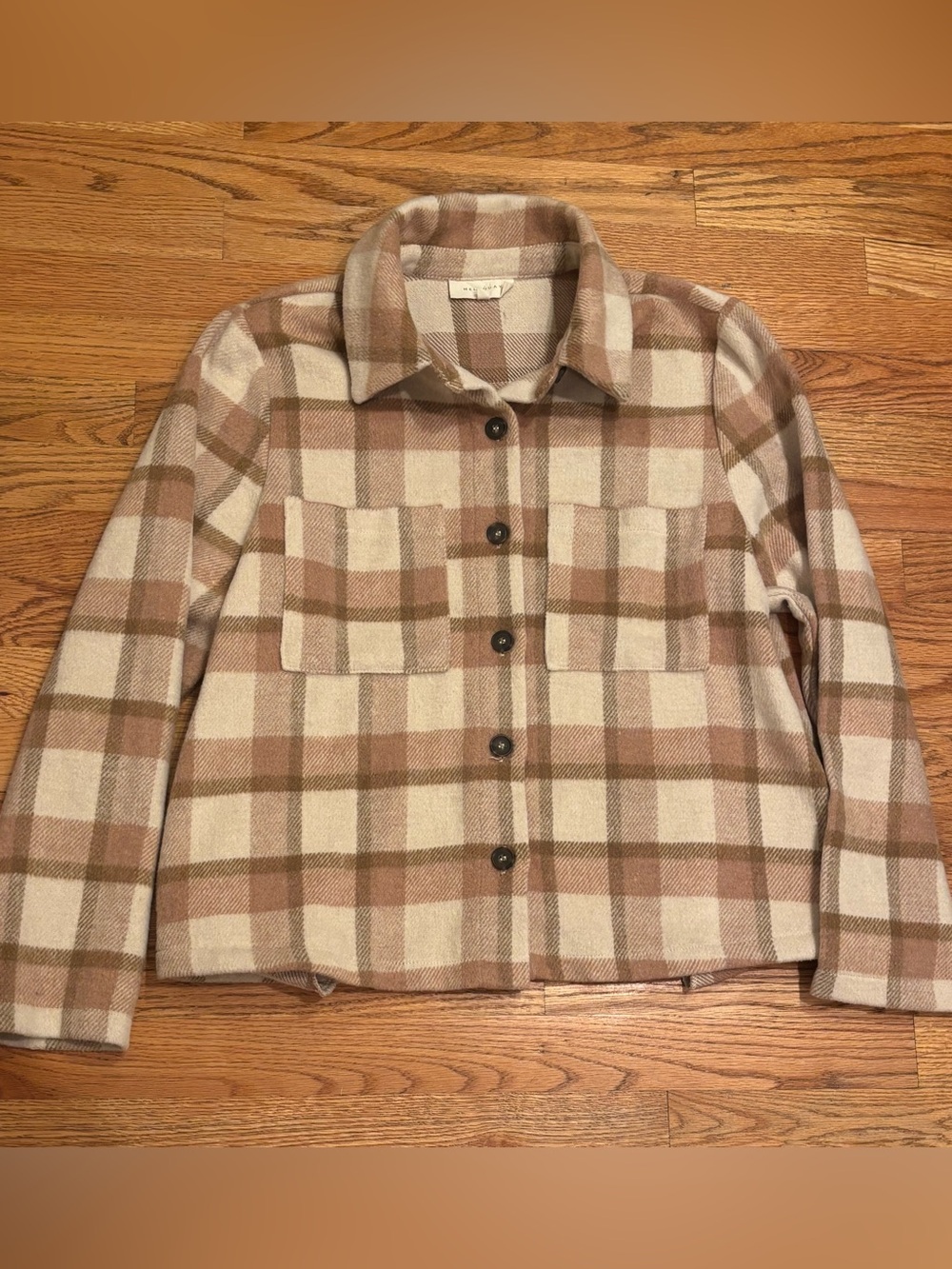 Plaid Shacket Jacket Button Front Utility Pockets Brown Cream Cotton Relaxed M
